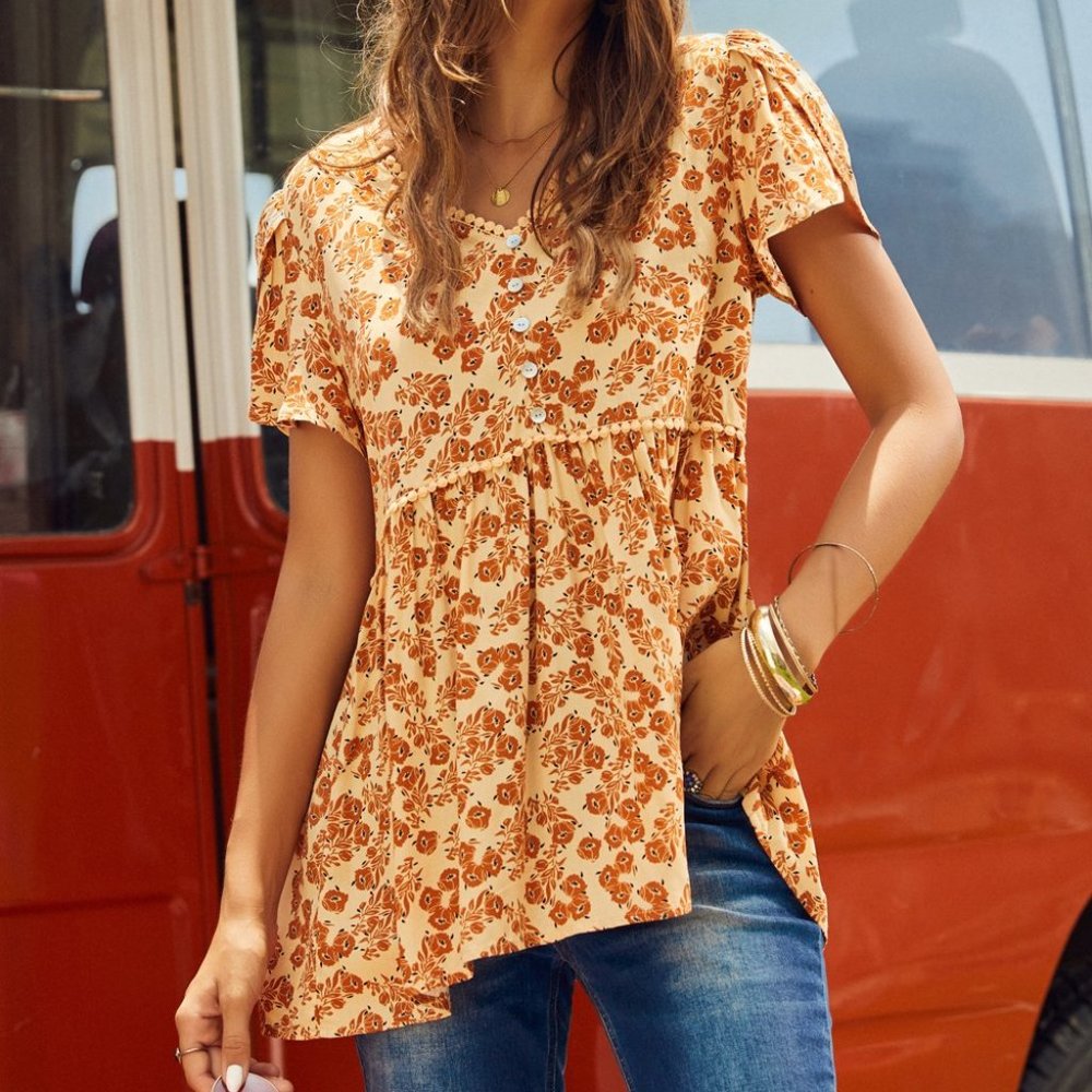 Suzanne Betro Orange & Rust Floral Tulip-Sleeve Empire-Waist Tunic/NWT/2X